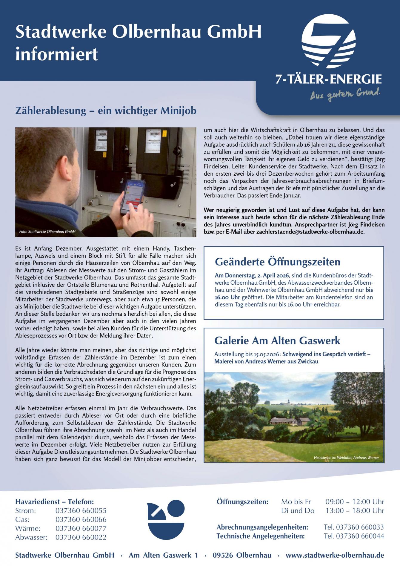 Aktuelle Veröffentlichung der Stadtwerke Olbernhau im Amtsblatt der Stadt Olbernhau, Nr. 5-2026