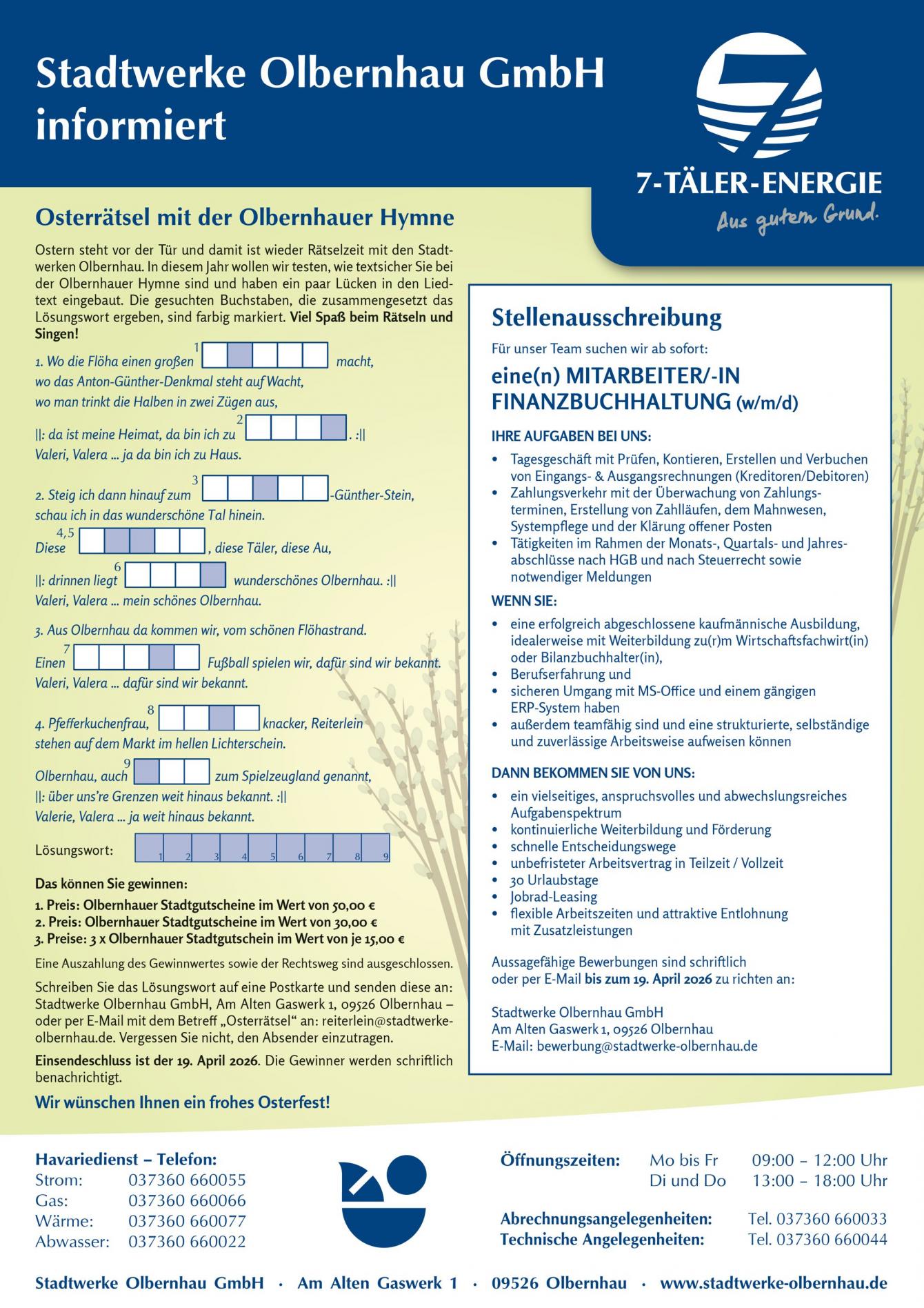 Aktuelle Veröffentlichung der Stadtwerke Olbernhau im Amtsblatt der Stadt Olbernhau, Nr. 6-2026