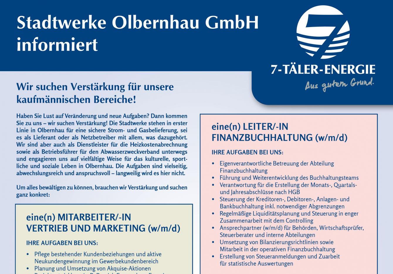 Aktuelle Veröffentlichung der Stadtwerke Olbernhau im Amtsblatt der Stadt Olbernhau, Nr. 7-2026